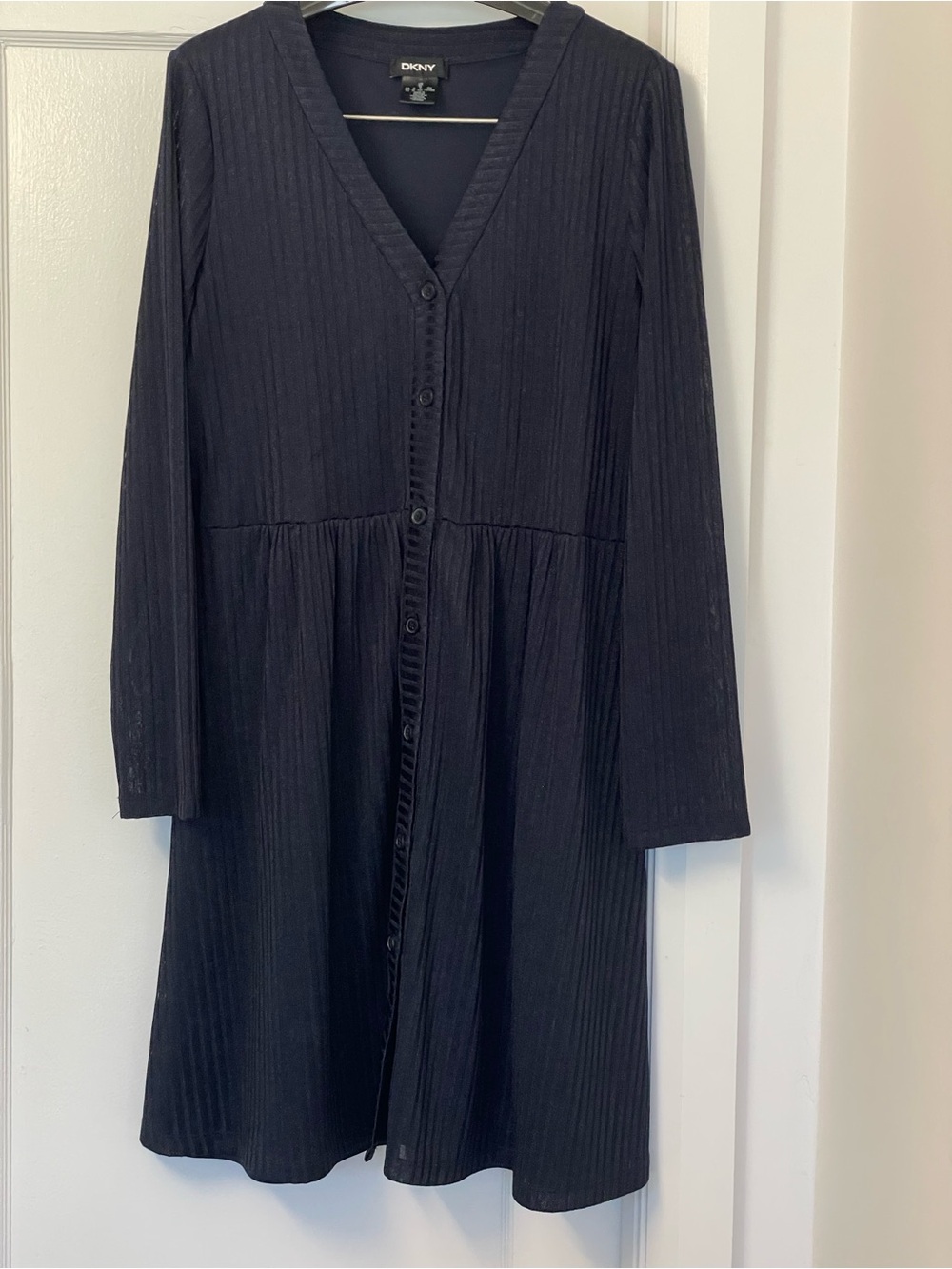DKNY Navy Long-Sleeve Ribbed Button-Front Dress
